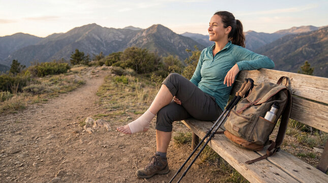 Smiling woman hiker resting on wooden bench with wrapped injured ankle trekking poles backpack mountain trail behind her recovery travel insurance concept outdoor setback resilience