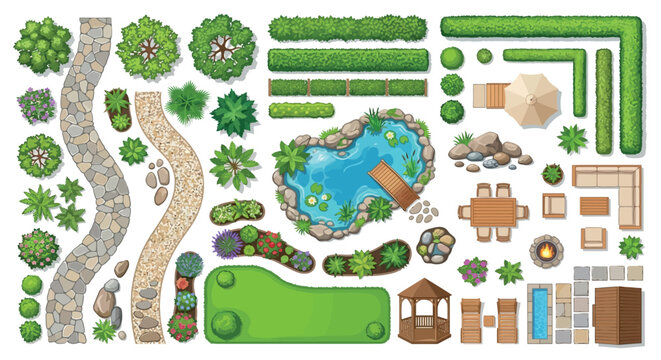 Garden Elements Vector Illustration With Top Down Perspective On White Background