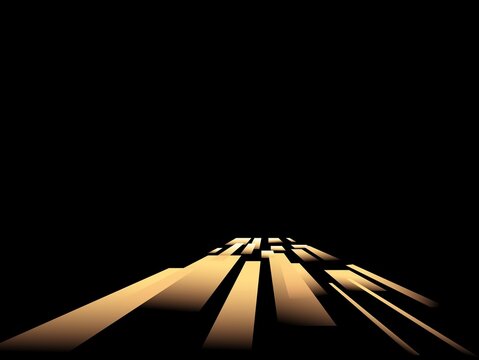 Parallel, elongated light beams in a warm beige tone stretch from the foreground to the background against a pitch-black backdrop. The beams appear to be floating or projected, creating a sense of dep