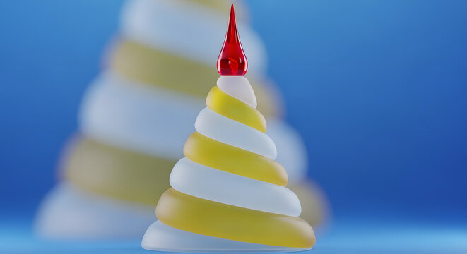 Abstract close up of a yellow and white striped traditional cone shape 3D render