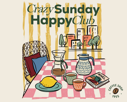 Crazy Sunday Happy Club, vintage coffee shop illustration, retro cafe art, breakfast scene, morning routine, kitchen decor, 1955 style