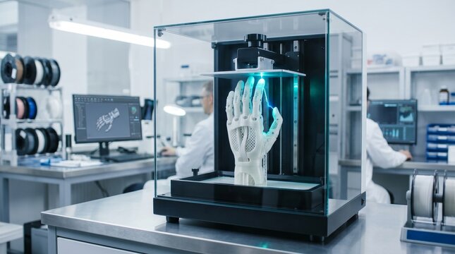 Advanced 3D printer creating a prosthetic hand in a modern biomedical engineering laboratory