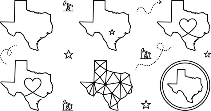 Texas state map line icon set featuring lone star heart shapes and oil rigs
