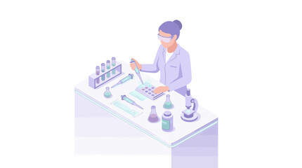 Fototapeta premium Isometric vector illustration of a female scientist in a lab coat and safety goggles using a micropipette on a well plate with test tubes, beakers, and a microscope on a white desk.