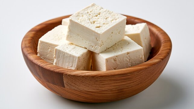 Tofu cheese sits in a wooden bowl on a white backdrop.