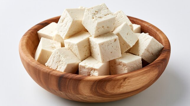 Tofu cheese sits in a wooden bowl on a white backdrop.