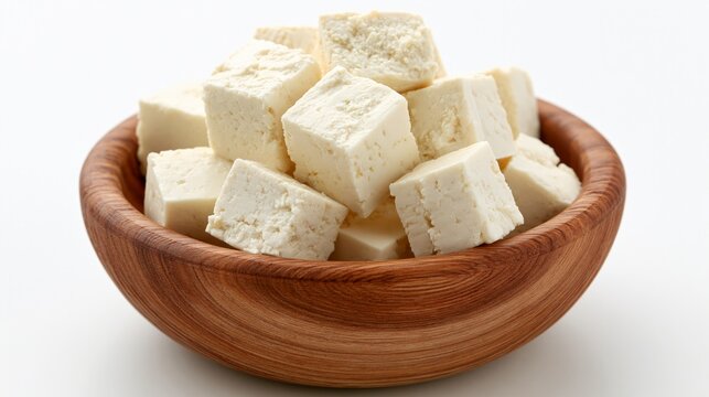 Tofu cheese sits in a wooden bowl on a white backdrop.