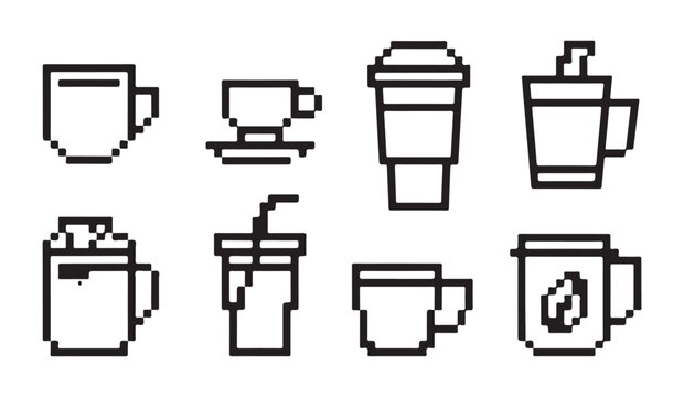Collection of coffee cups and takeaway beverage containers in digital pixel art format.