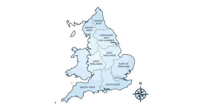 Regional map of england showing administrative boundaries