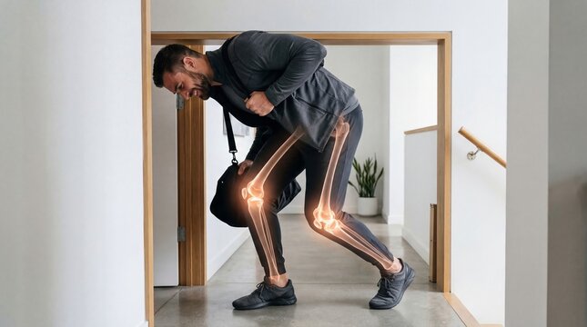 Man suffering from knee pain with visual skeletal overlay. Athlete feeling joint injury during movement. Healthcare illustration showing joint inflammation for medical diagnosis.