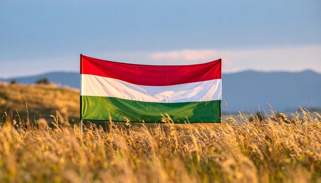 Hungary Flag in Countryside Field at Sunset