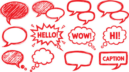 A collection of red hand-drawn speech bubbles, thought clouds, and comic-style dialogue containers with expressive elements. © Mend