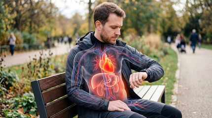 Fototapeta premium Man sitting on bench checking heart rate on smart watch. Digital visualization of human internal organ and anatomy. Healthcare monitoring technology, pulse check and fitness tracking concept.