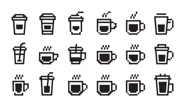 Set of pixel art icons representing various coffee cups and beverages with straws.