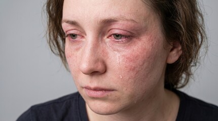 Fototapeta premium Close up of emotional woman crying with severe facial redness skin inflammation and sensitive allergic reaction