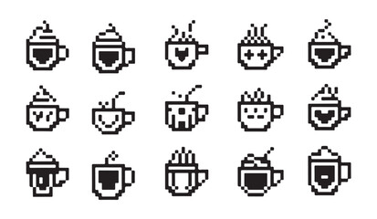 Fototapeta premium Set of pixel art icons featuring decorated coffee cups with whipped cream and sprinkles.