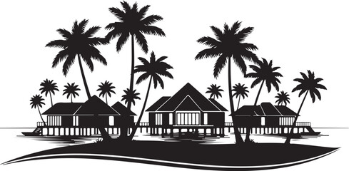 Obraz premium Black silhouette of tropical island huts with palm trees