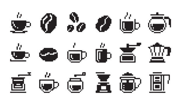 Pixel art collection of coffee beans, cups, and brewing equipment icons.