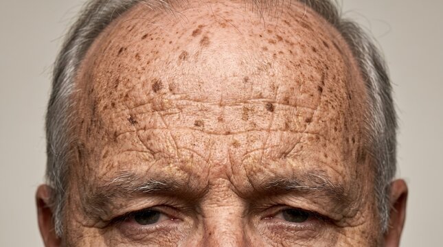 Macro view of elderly man forehead showing severe cutaneous photoaging with extensive sunspots and deep wrinkles