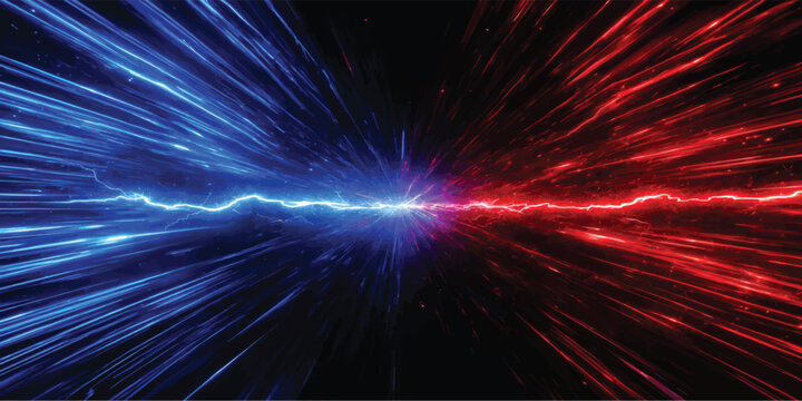 Dynamic energy burst with bright red and blue lightning bolts crossing a dark background lightning electricity abstract background collision