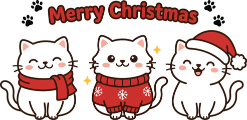 Three white cartoon cats in christmas attire on white background © firoz
