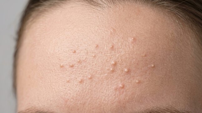 Macro photography of closed comedones and whiteheads bumps on young woman forehead skin texture