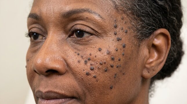 Profile view of mature Black woman cheek showing multiple spots of dermatosis papulosa nigra DPN hyperpigmentation
