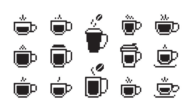 Coffee mugs and paper cups pixel icons set featuring various steam patterns and bean art.
