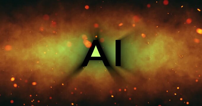 Realistic dark fire flames with sparks and AI caption loop motion background.