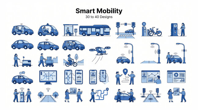 Smart mobility vector illustration set representing modern urban transportation and connected vehicle systems with mobility transportation technology connected autonomous infrastructure