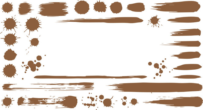 A collection of various brown coffee or mud stains, paint splatters, blots, and artistic textured brush strokes arranged as a decorative border frame isolated on a white background.