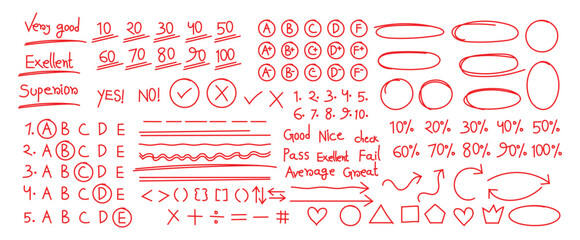 Grade mark. Red pen grade marks and test symbols. Hand drawn red pen marks showing exam grade with check marks, circles, and plus signs for teacher evaluation and test result school education. © Jerrymoon