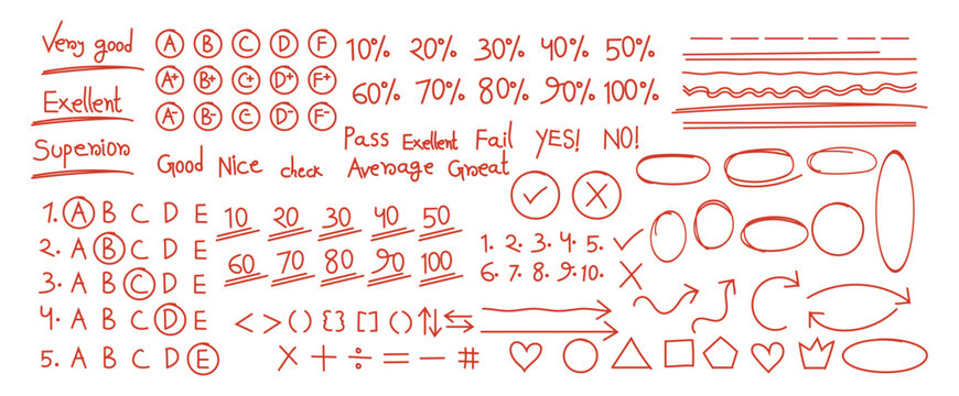 Hand drawn red pen marks showing exam grade with check marks, circles, and plus signs for teacher evaluation and test result school education. Exam grade doodle icon set. Hand drawn school test result