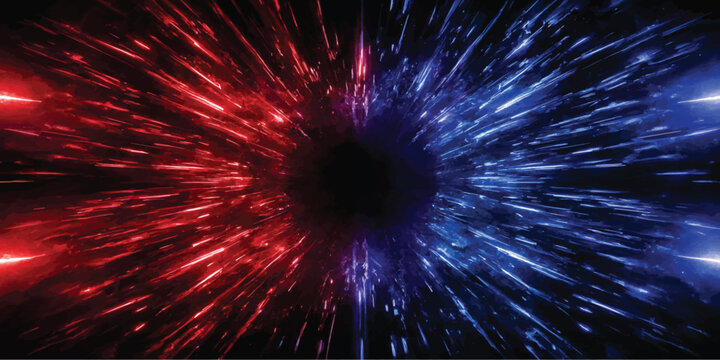 Abstract dark portal surrounded by radiating red and blue light beams in motion with hyperspace abstract background particle universe circular
