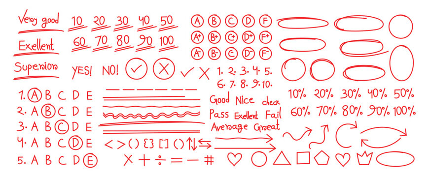 Grade mark. Red pen grade marks and test symbols. Hand drawn red pen marks showing exam grade with check marks, circles, and plus signs for teacher evaluation and test result school education.
