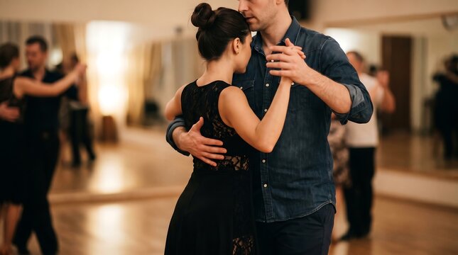Anonymous couple practicing Latin dance together during a studio lesson, social dance and partner connection concept, faceless, defocused, with copy space