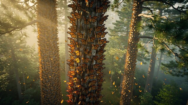 Monarch butterflies migration clustering on pine tree trunks in sunlit misty forest landscape at dawn
