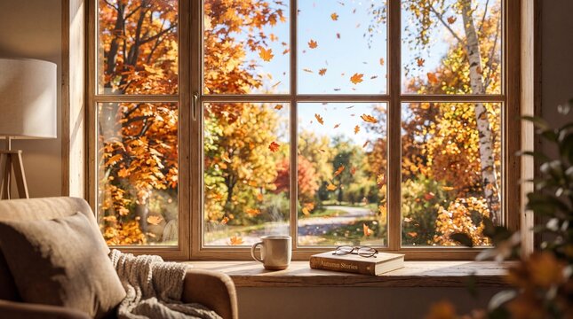 Cozy Autumn View Through a Window with Colorful Fall Foliage and a Warm Drink.