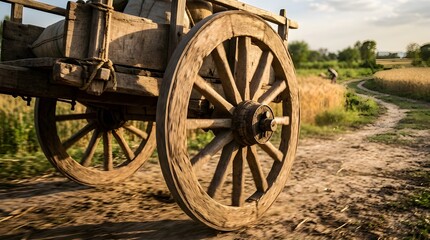 Obraz premium Macro close-up of a wooden ox cart wheel in motion with dust particles and sunlight highlights, set against a softly blurred farmland background.