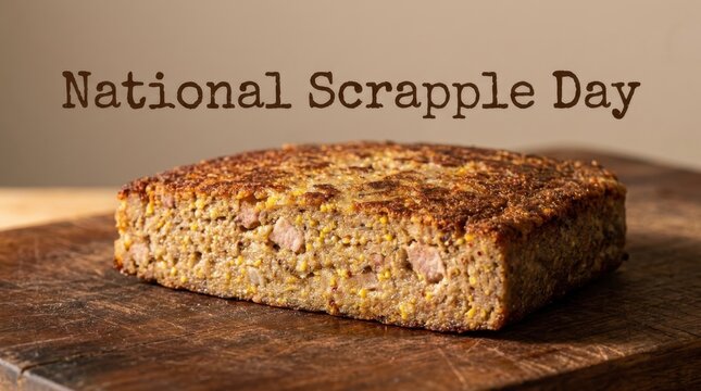 Traditional Scrapple Loaf with Visible Pork Pieces and Grains on a Rustic Surface