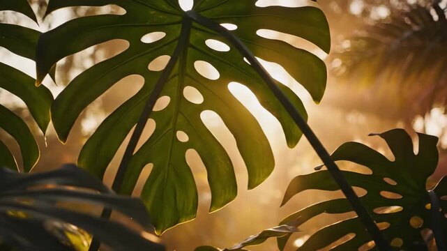 Warm golden sunlight filters through large perforated monstera leaves, creating a serene tropical forest atmosphere, ideal for nature and wellness themes