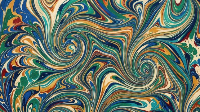 Traditional Ebru Marbling Paper Texture with Swirling Blue Green and Gold Patterns for Artistic Backgrounds and Creative Graphic Design Projects