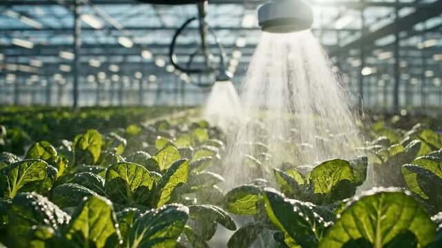 Modern greenhouse irrigation system watering rows of lush green leafy plants with sunlight shining through the glass roof, sustainable agriculture concept
