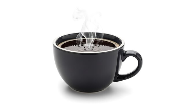 Steaming black coffee in ceramic mug isolated on white, ideal for cafe and morning concepts