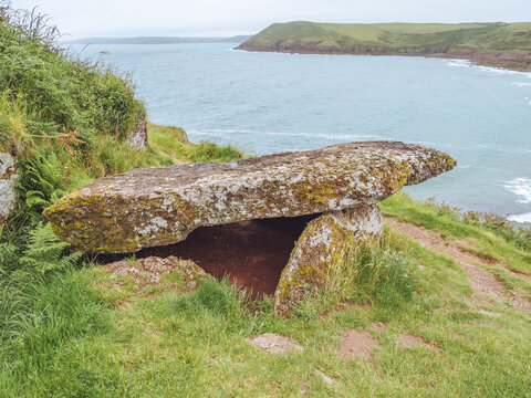King's Quoit, a Neolithic burial chamber on the Pembrokeshire coastline at Manorbier beach in Wales.