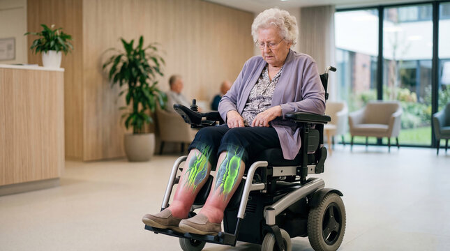 Elderly woman sitting in electric wheelchair with highlighted swollen legs. Medical visualization of venous insufficiency and edema in geriatric patient. Healthcare and mobility help.