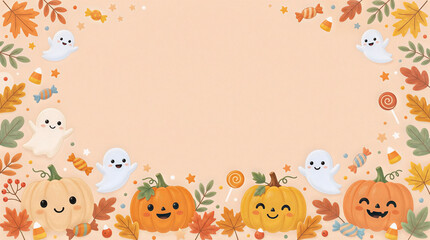 Fototapeta premium Happy Halloween Border: A charming border illustration featuring smiling pumpkins, playful ghosts, autumn leaves, and sweet candies.
