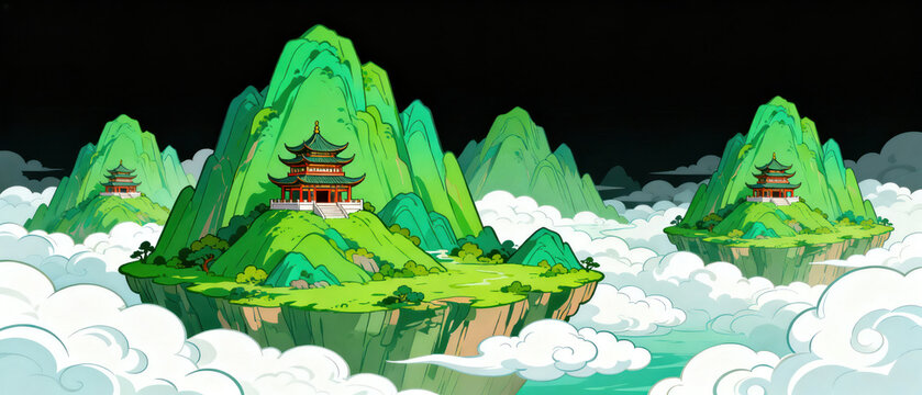 A vivid illustration of fantasy floating islands with traditional Chinese pavilions surrounded by clouds, showcasing serene and mythical scenery.