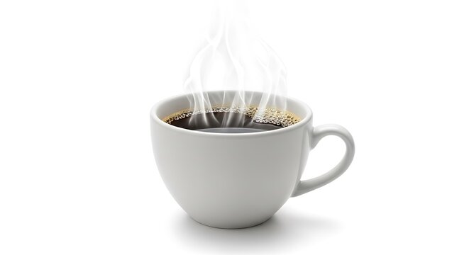 Steaming cup of fresh black coffee in a white ceramic mug isolated on a white background for morning break concept