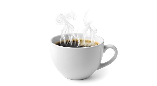 Hot steaming black coffee in a white ceramic mug isolated on white background, fresh morning beverage for breakfast and cafe culture